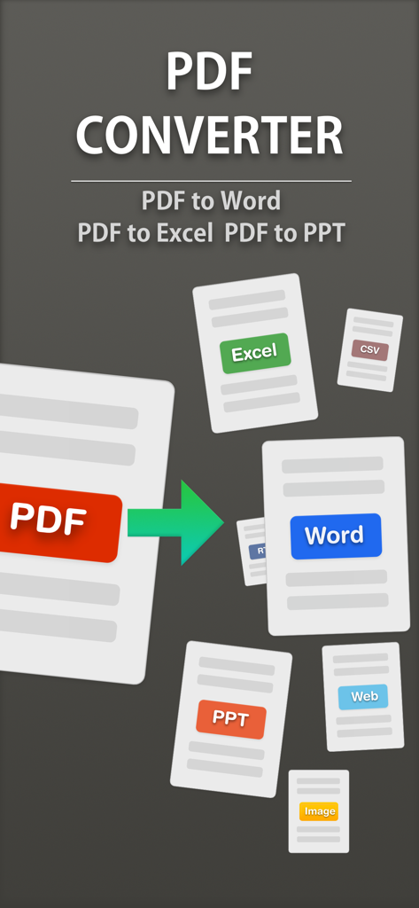 PDF Converter - Flyingbee - App-Bildschirm, der die PDF-Konvertierung in bearbeitbare Word-, Excel- und PowerPoint-Formate zeigt