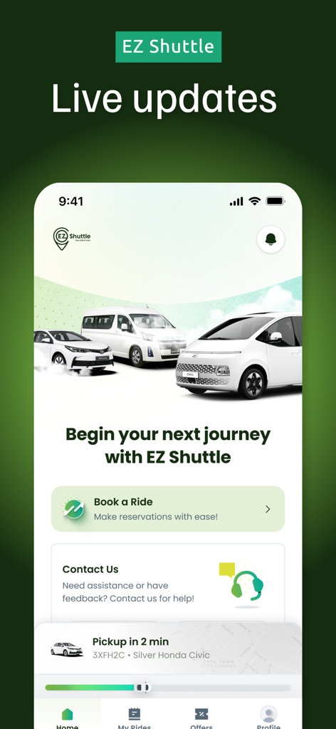 EZ Shuttle mobile App Startbildschirm mit Live-Updates und Fahrtenbuchungsoptionen