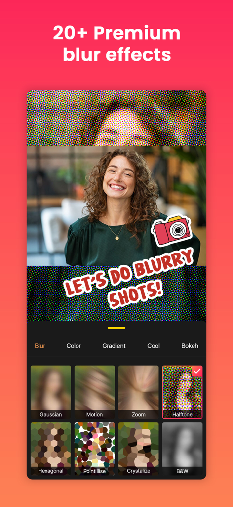 Quick Edit: Video，Photo Editor - Interface of Quick Edit app showing premium blur effects and background options for a portrait photo.