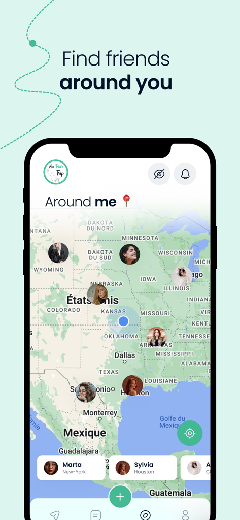 AuPairTrip - Pantalla de aplicación móvil que muestra un mapa de los Estados Unidos con perfiles de usuario para encontrar amigas au pair cercanas