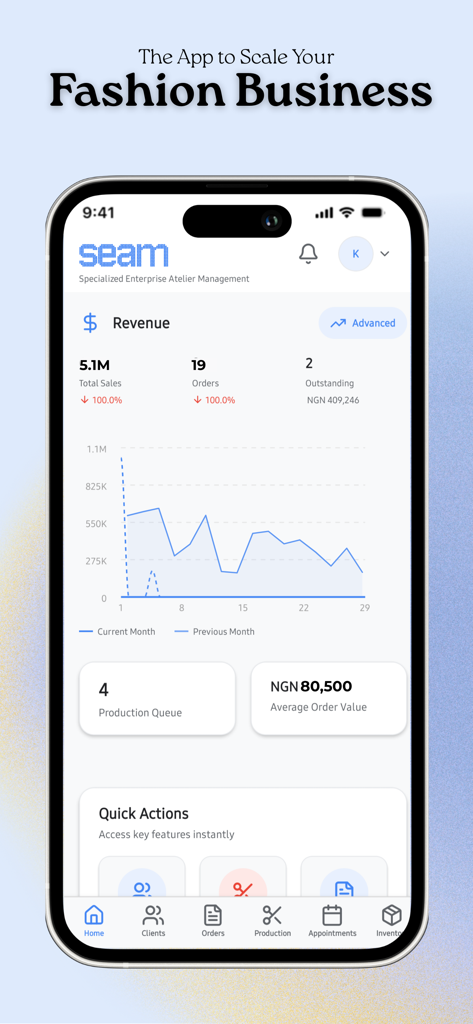 Seam: Tailor App - Revenue analytics dashboard in the Seam app showing sales charts and order metrics for fashion business management