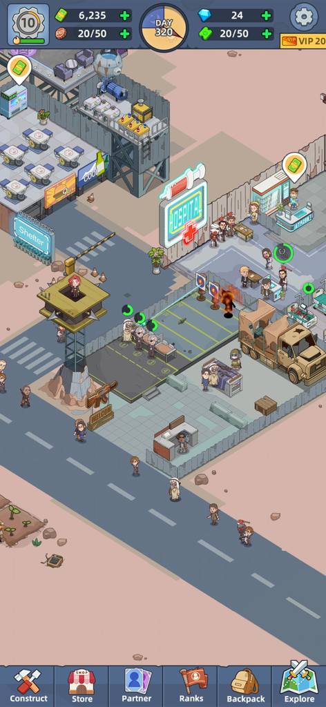 Mini Survival: Zombie Fight - Isometric view of a cartoonish survivor base in Mini Survival featuring a hospital and watchtower