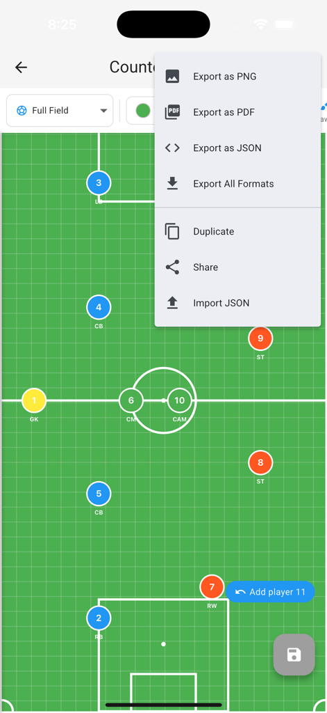 Soccer Tactics Board Pro - A soccer coaching app showing a tactical board with export options for PNG and PDF formats