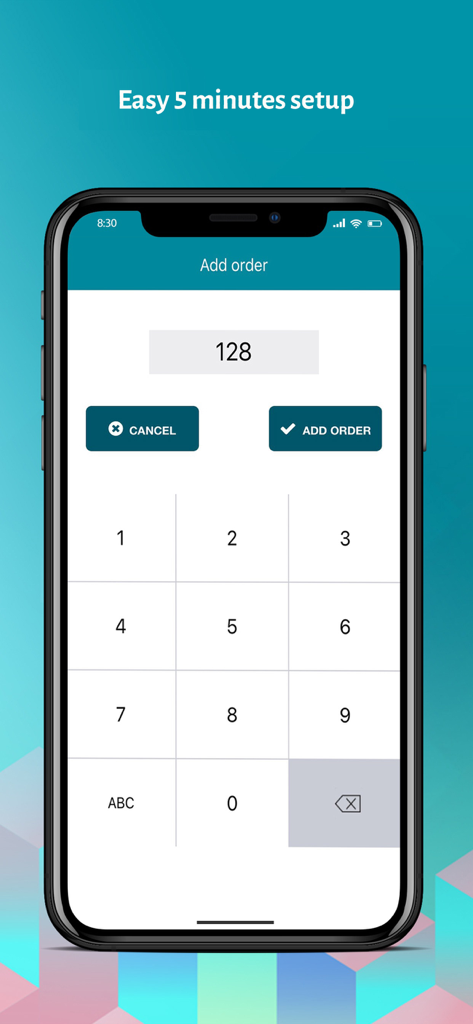 Écran de smartphone montrant un clavier numérique pour saisir les numéros de commande des clients dans l'application OrderReady