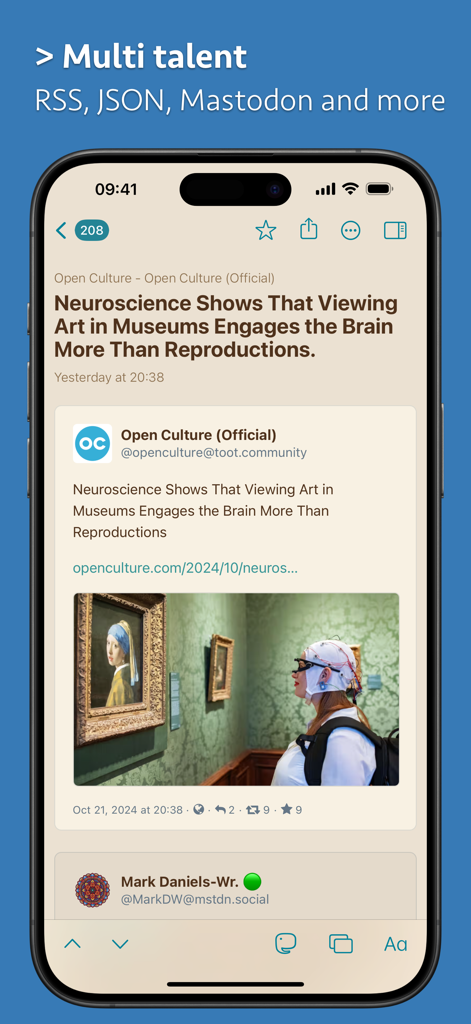 News Explorer app showing a Mastodon post about neuroscience and art on an iPhone reader view