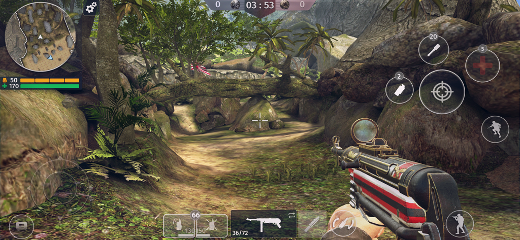 First-person view of World War 2 mobile shooter gameplay in a jungle environment