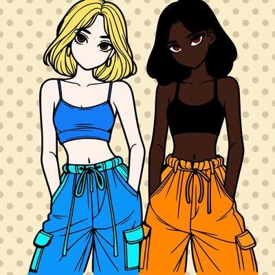 two girls with crop top with baggy pants
