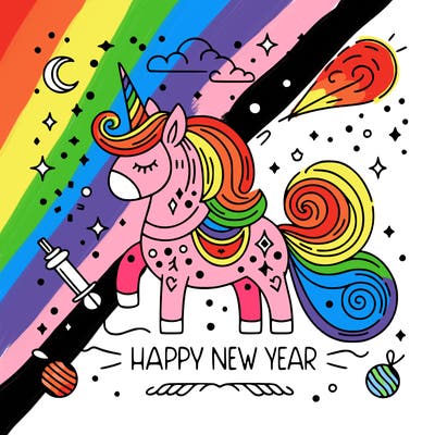 happy new year illustration calligraphic style outline; thin lines; light colors