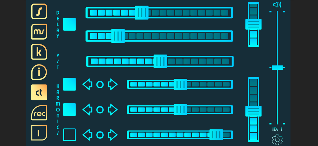 Digitales Musikcontroller-Interface mit cyanfarbenen Schiebereglern für Delay- und Harmonik-Effekte