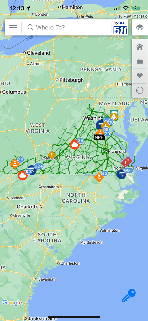 Real-time traffic map of Virginia showing traffic cameras construction zones and road incidents in the VDOT 511 app