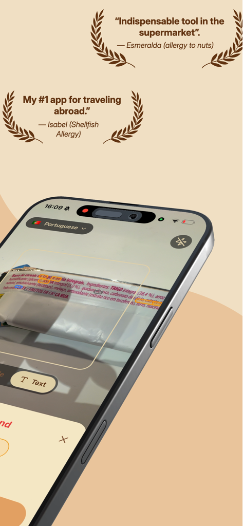 Alergio app scanning a Portuguese food label for allergens with user testimonials above
