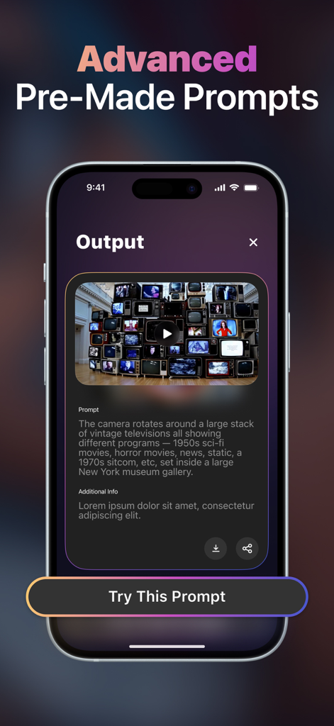 Loomi AI - ‎AI Video Generator - Écran d'iPhone affichant l'interface de l'application Loomi AI avec un aperçu vidéo IA, une invite textuelle et un bouton pour essayer l'invite.