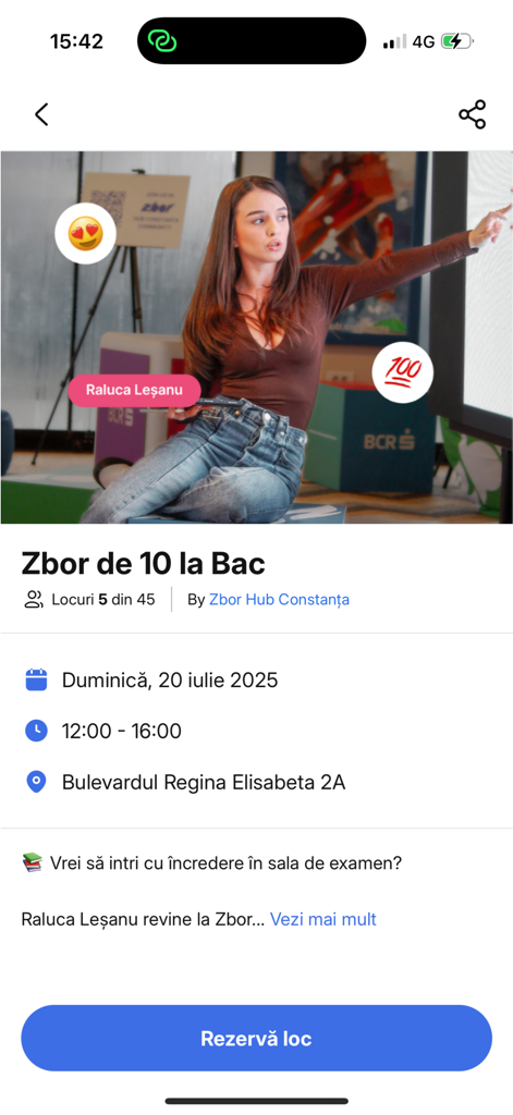 Zbor - Spațiu de Explorat - Écran de l'application mobile montrant les détails d'un événement de préparation à l'examen du Baccalauréat organisé par le Zbor Hub Constanta.