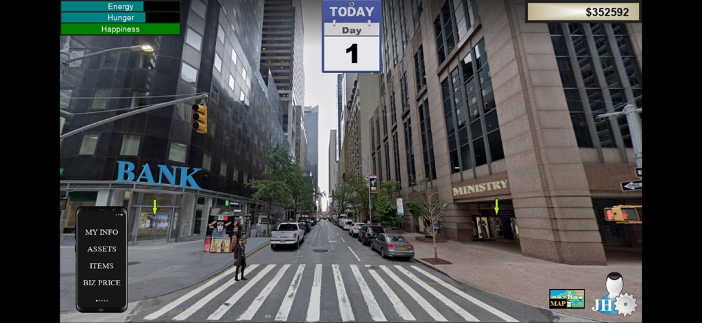 Life Changer (Mobile) - Gameplay screenshot of Life Changer mobile showing a realistic city street with a bank and player stats for money energy and hunger