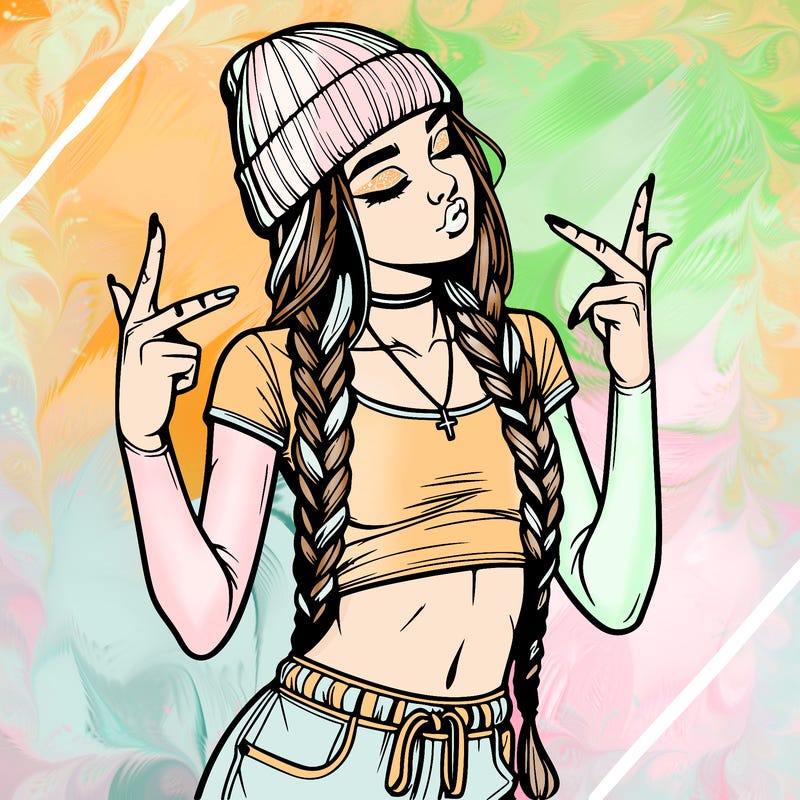realistic teenage girl with braids and a beanie and crop top doing 🫶🏼