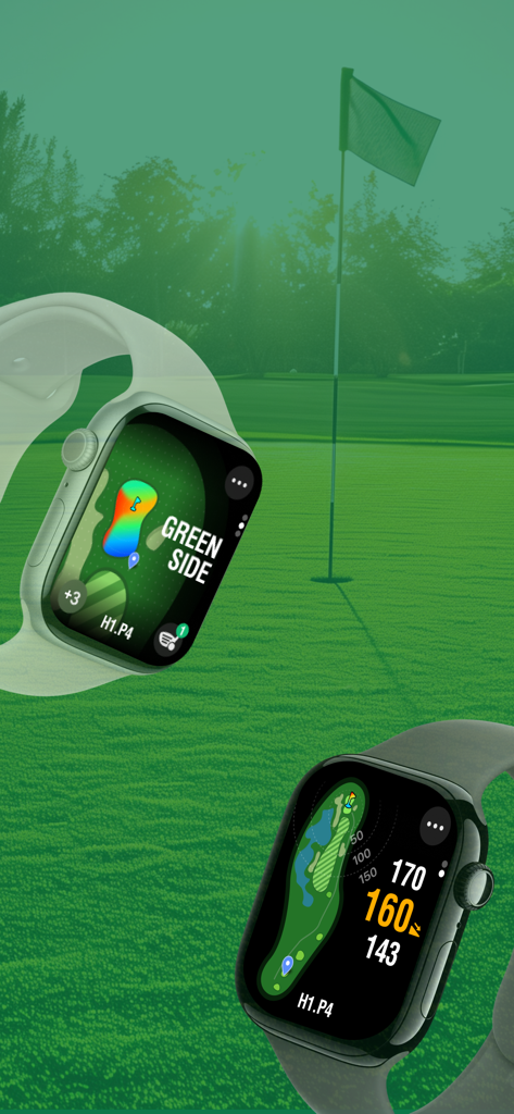 SmartCaddie - Golf GPS - SmartCaddie app on Apple Watch showing green undulation maps and hole distances for golf