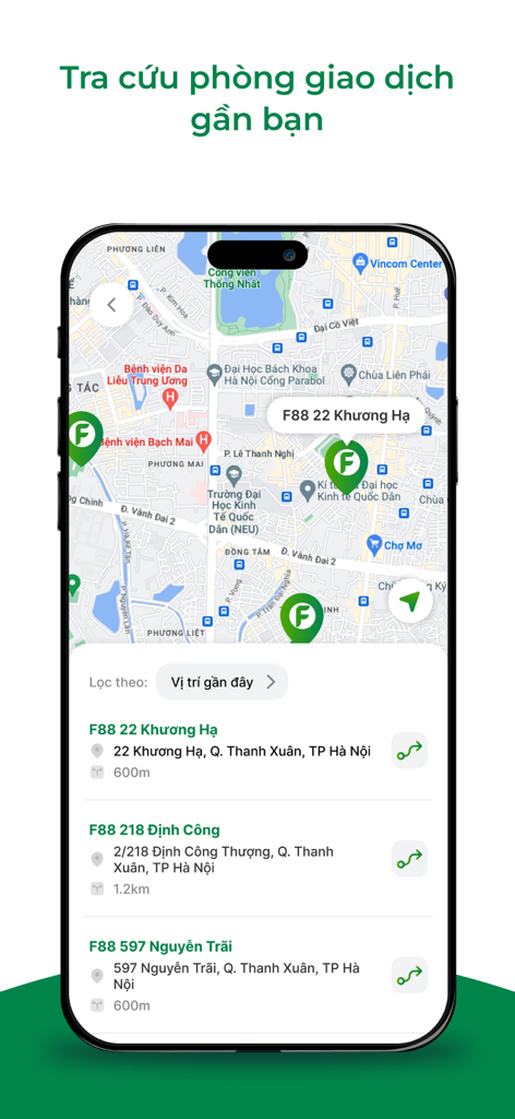 My F88 - Kartenansicht der My F88 App mit nahen Filialstandorten und Transaktionsbüros
