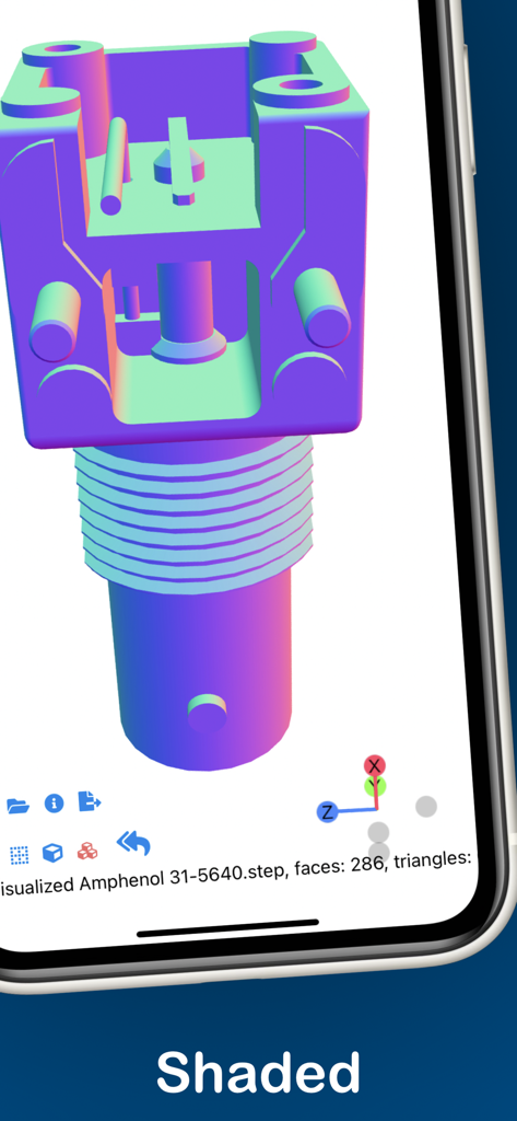 STEPファイルビューアモバイルアプリでシェーディングモードで表示された3D機械部品。