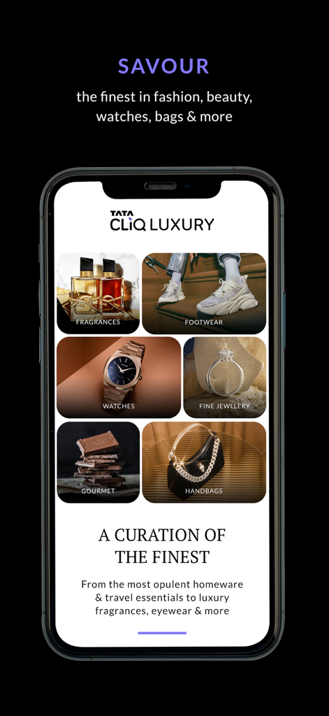 Tata CLiQ Luxury Shopping App - La pantalla de inicio de la aplicación Tata CLiQ Luxury que muestra categorías seleccionadas para fragancias, calzado, relojes y joyas.