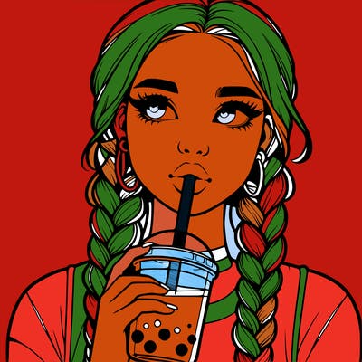 realistic girl with braided hair drinking boba