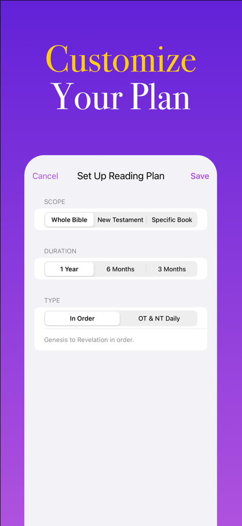 Bible Ace: AI Bible Study - Interfaz de usuario para configurar un plan de lectura de la Biblia personalizado con opciones de alcance, duración y tipo.