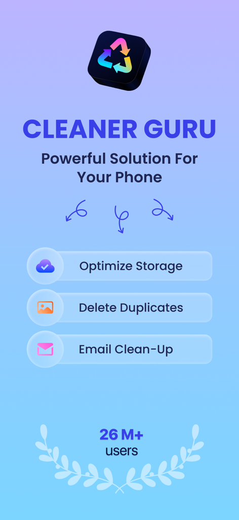 Cleaner Guru app interface showing storage optimization and duplicate removal features used by millions of users