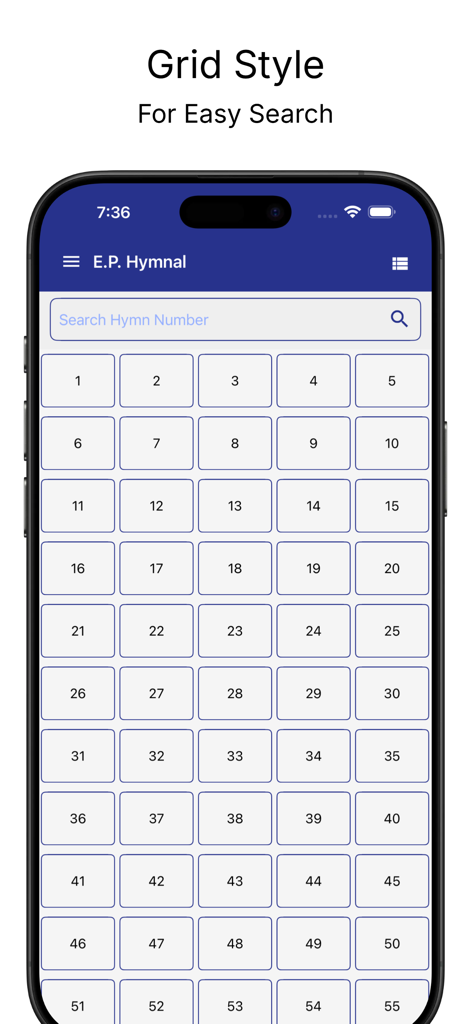 Grade numerada para busca de hinos no aplicativo Hinário E.P.C. Ewe