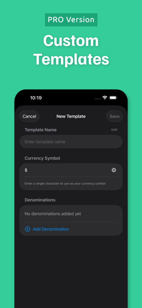 Money Counter - Coin Organizer - Money Counter App-Oberfläche zum Erstellen benutzerdefinierter Währungsvorlagen in der Pro-Version