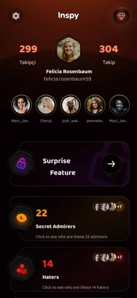 InSpy app screen showing Instagram analytics for followers and secret admirers.