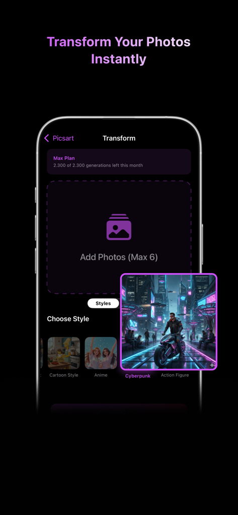 PicsArt: Turn Photos to AI Art - Interfaz de la aplicación PicsArt AI Art que muestra opciones de estilos de transformación de fotos como ciberpunk