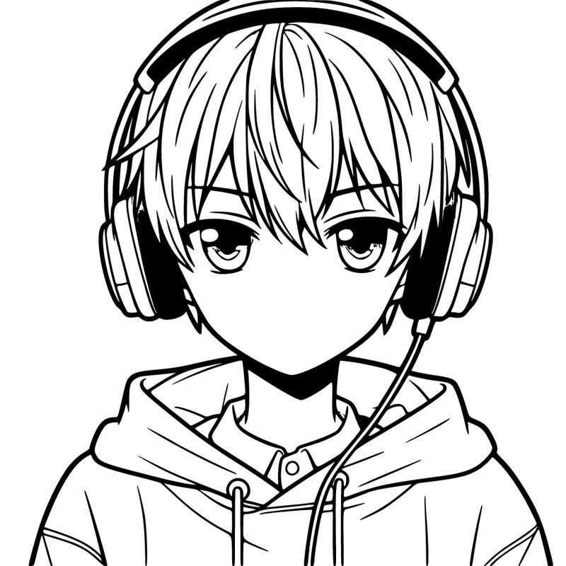 an anime boy, with straight hair and serious eyes, wearing a sweatshirt, and using bluetooth headphones