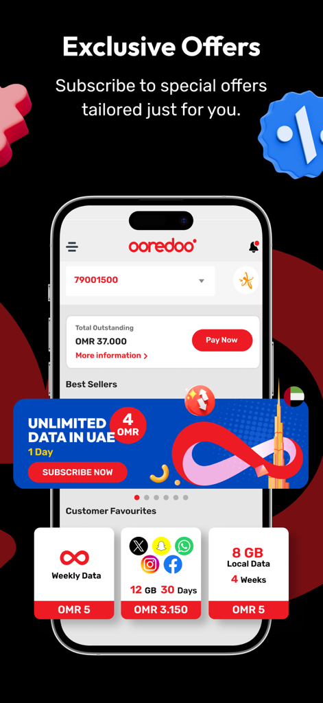 Ooredoo Oman - Ooredoo Oman Mobile App-Bildschirm mit exklusiven Datenangeboten und Optionen zur Zahlung des ausstehenden Saldos