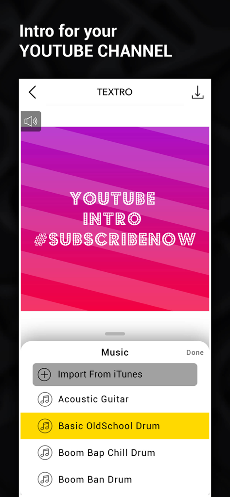 Textro - Animated Text Videos - Interface of the Textro app showing a YouTube intro video creation with a music library menu