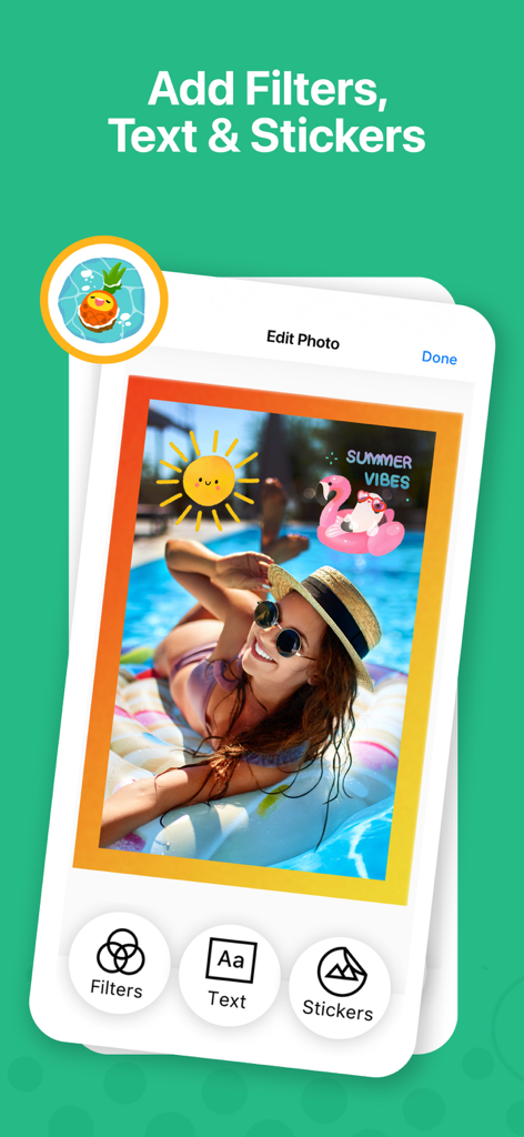 Pic Stitch app interface showing filters text and stickers added to a summer pool photo