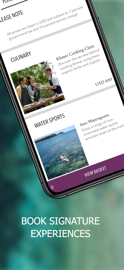 Six Senses app screen showing options to book signature culinary and water sports activities