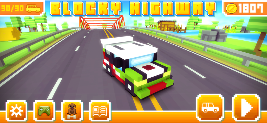 Blocky Highway start screen showing a blocky racing car on a road with game menu icons.