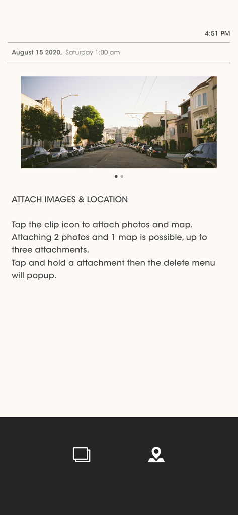 Simplife - Simplife app interface showing how to attach images and location data to a journal entry