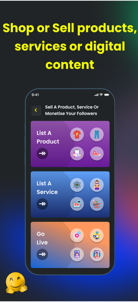 Screen showing options to list products, services, and go live on CoutLoot Swipe