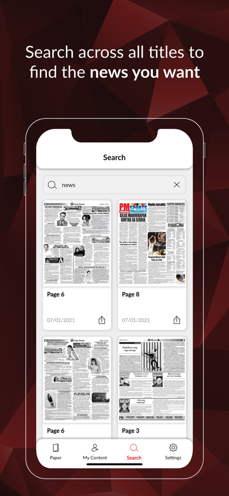 Pang Masa - Search interface of the Pang Masa app showing digital newspaper page results for news.
