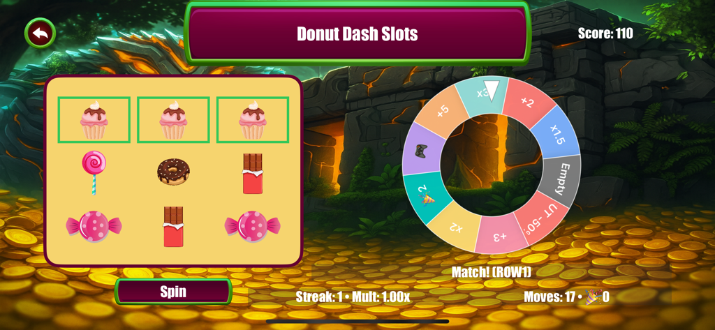 Xaldrith Phydal Slots - Gameplay screenshot of Donut Dash mode in Xaldrith Phydal Slots featuring a three by three candy match grid and a prize wheel