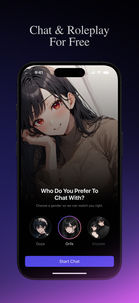 Xego: Character AI Chat - Xego AI app screen showing gender selection for personalized chat and roleplay with anime characters.