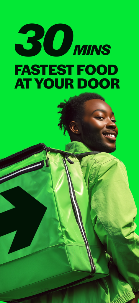 SAMU - Food Delivery - A smiling delivery courier with a green thermal bag promising food in 30 minutes