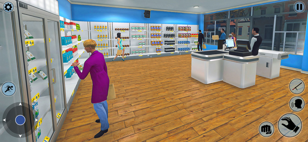 Fun Supermarket Simulator Game - Un personaje abasteciendo estantes de abarrotes en un juego simulador de supermercado en 3D