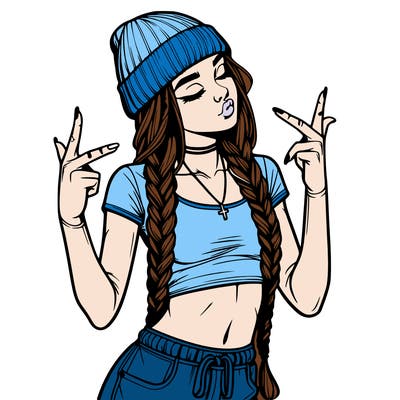 realistic teenage girl with braids and a beanie and crop top doing 🫶🏼