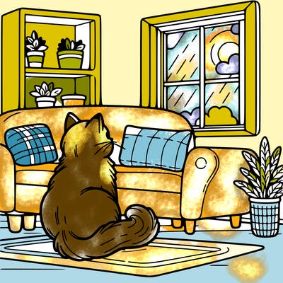 a cat sitting on a couch looking out the window