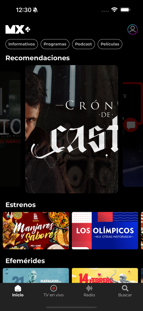 Pantalla de inicio de la aplicación móvil MXPlus que muestra programas de TV mexicanos, documentales y navegación para streaming en vivo y radio.