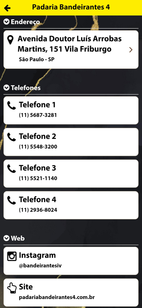 Padaria Bandeirantes 4 - Tela de informações de contato para o aplicativo Padaria Bandeirantes 4 mostrando endereço da padaria, números de telefone e links de mídia social