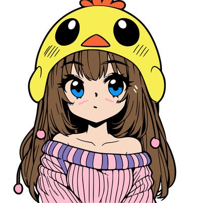 anime girl with chick shaped hat with sweater with bare shoulders with bangs covering them one eye with low tail