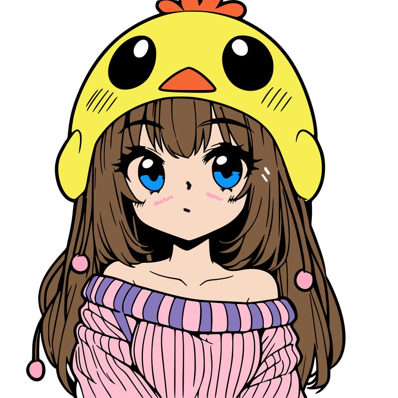 anime girl with chick shaped hat with sweater with bare shoulders with bangs covering them one eye with low tail