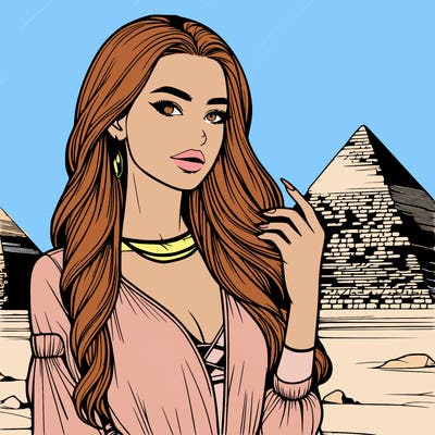 realistic female fashion model posing near pyramid in egypt
